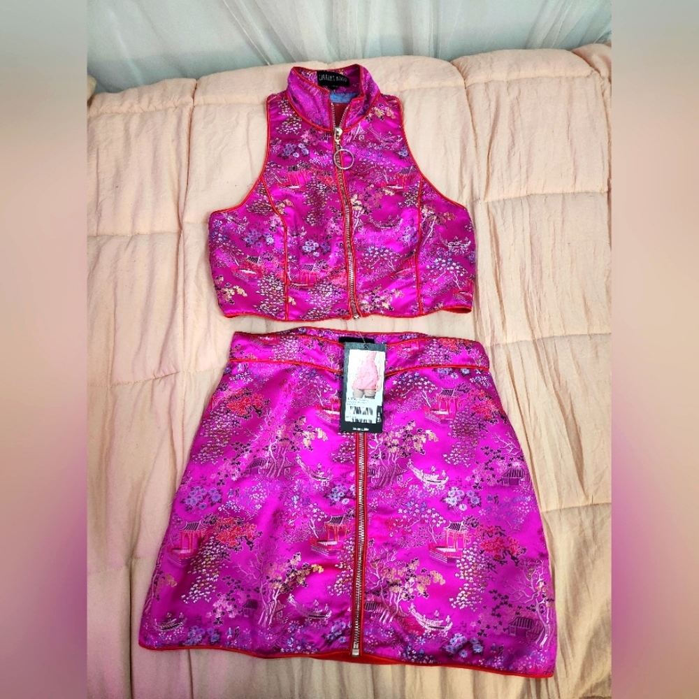 Current Mood Spring Fever Brocade Skirt & Zip Top Pink Size Large NWT